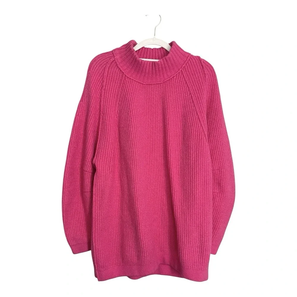 Free People Sunbeam Knit Oversized Mockneck Sweater Fuchsia Pink‎ Sz M Chunky
